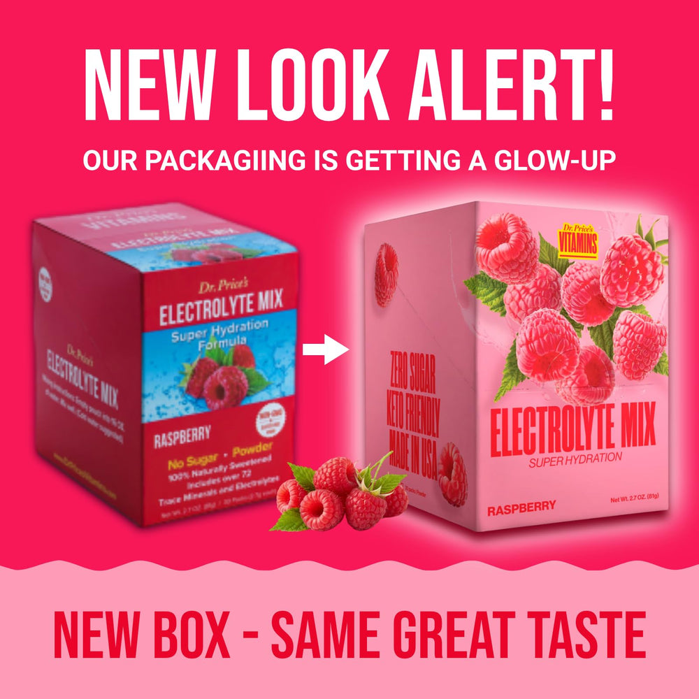 Dr Price's Electrolytes Raspberry packets back view shows keto-friendly daily use ingredients.