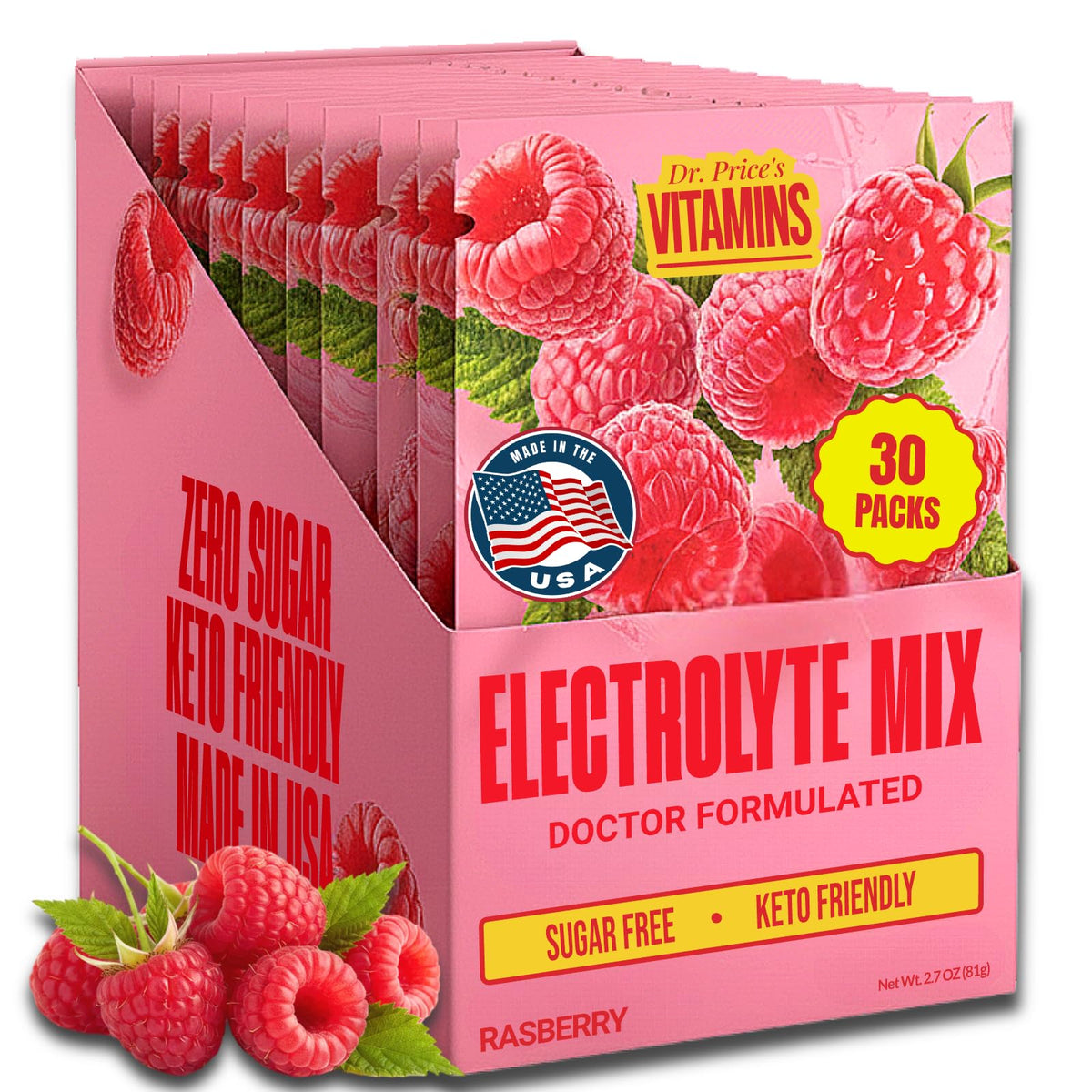 Dr Price's Electrolytes Raspberry packets front view for convenient, sugar-free hydration during workouts.