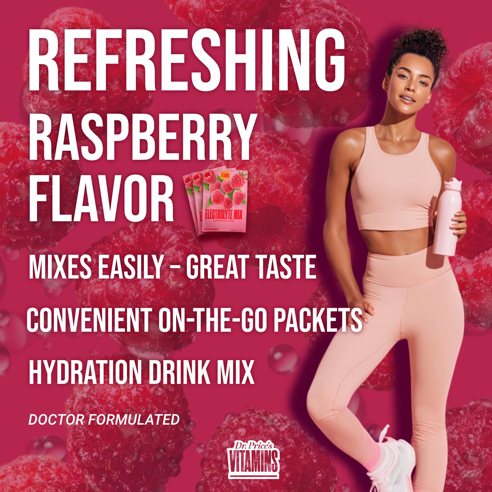 Dr Price's Raspberry packets with bottle suggest easy hydration during activities.