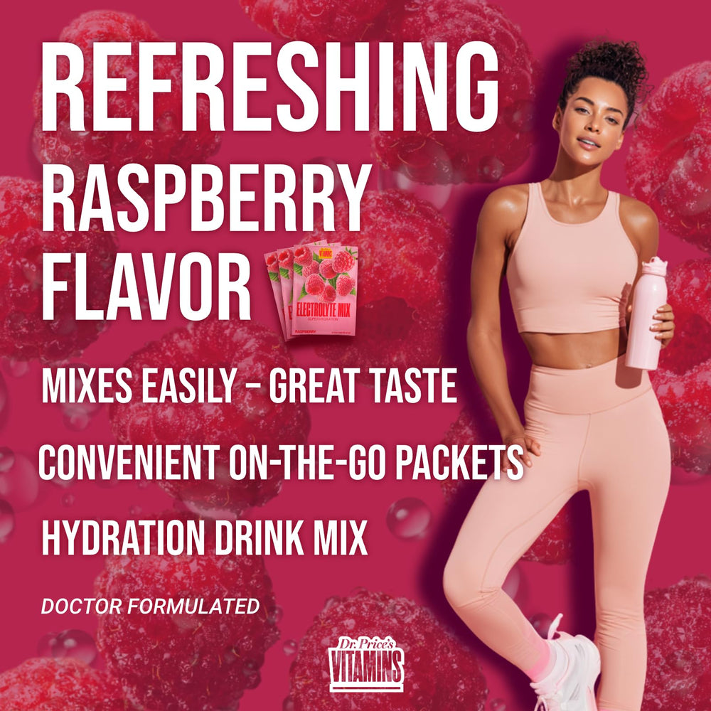 Dr Price's Raspberry packets with bottle suggest easy hydration during activities.