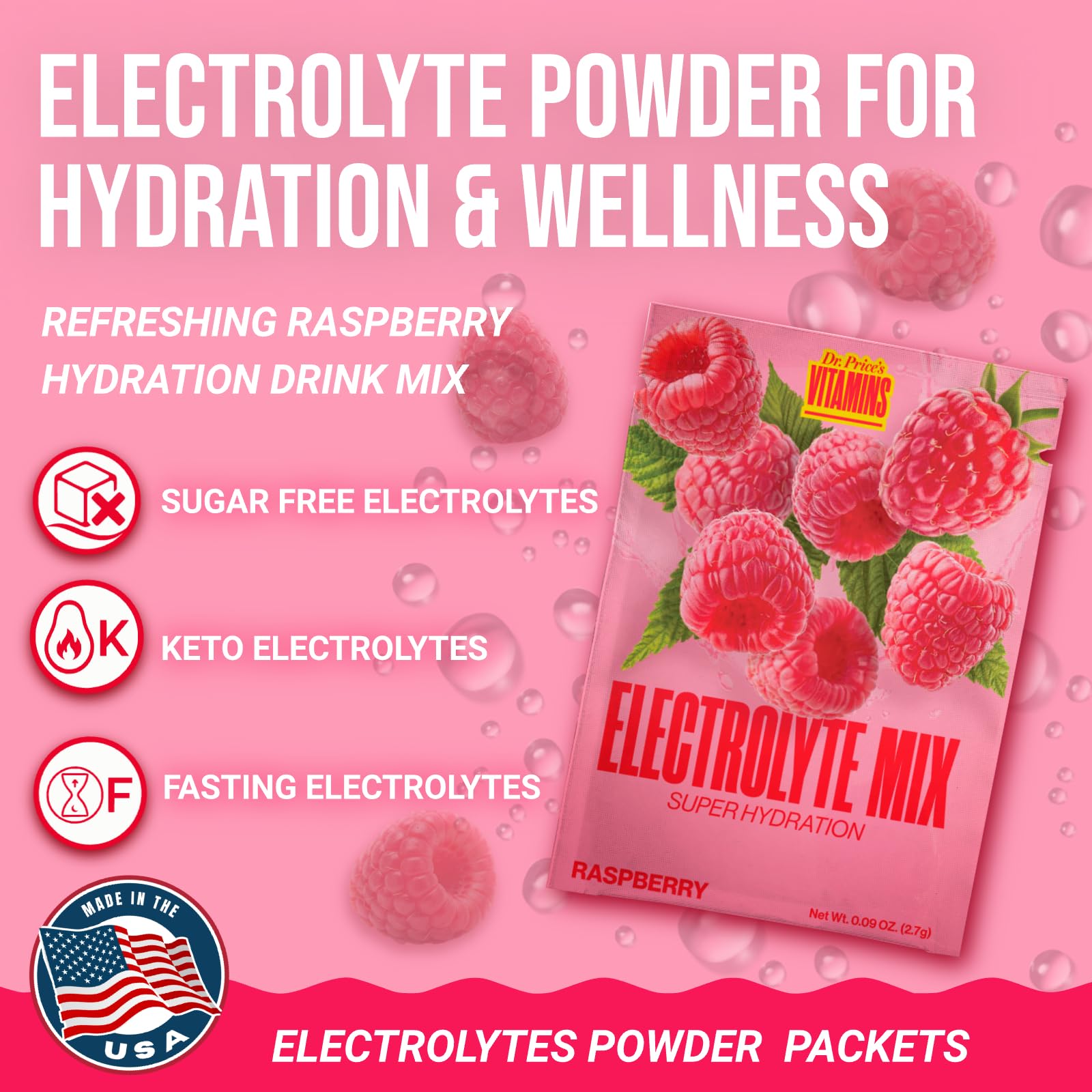 Dr Price's Raspberry powder dissolving in water demonstrates quick mix for on-the-go hydration.