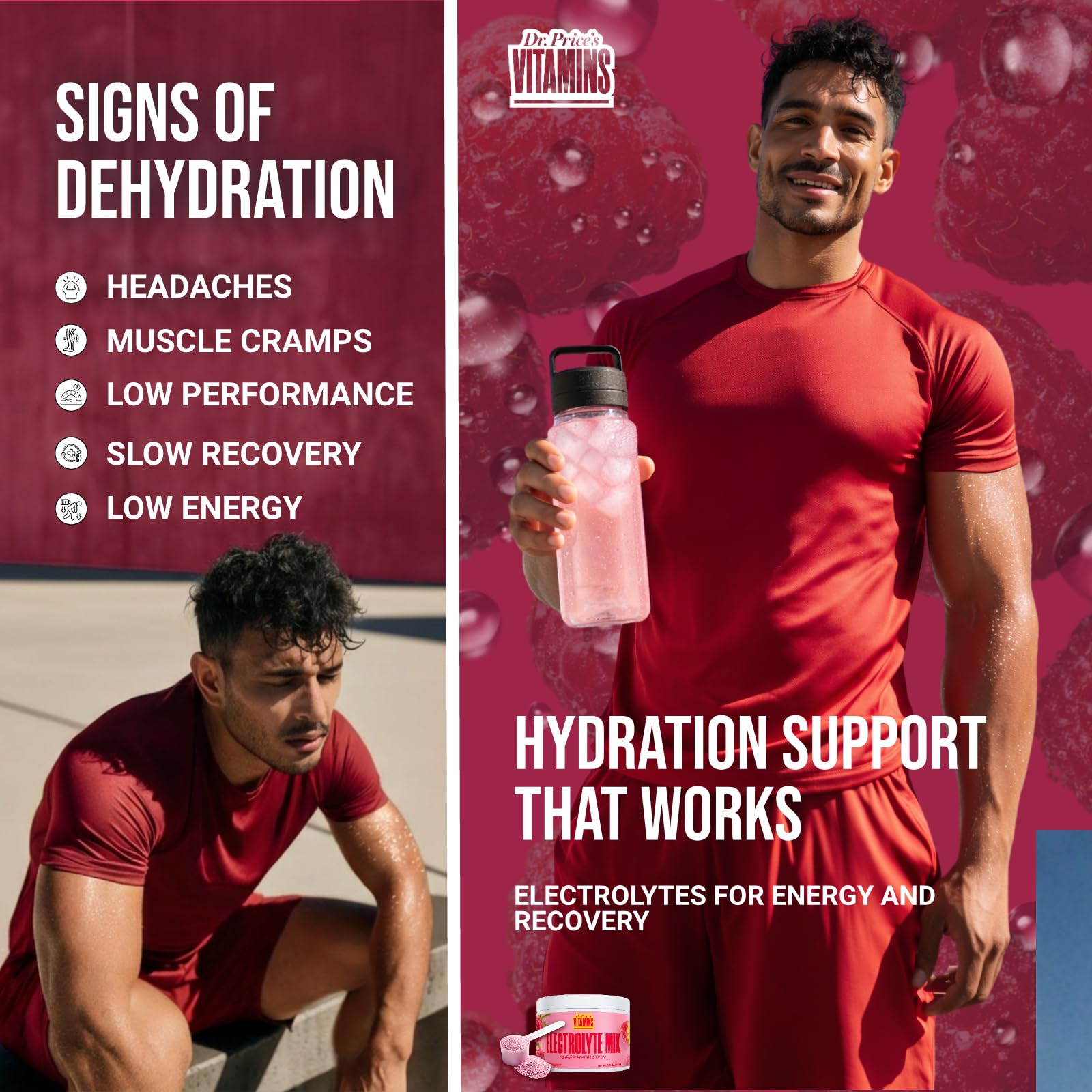USA-made Dr. Price's Electrolytes Raspberry bottle signals quality hydration