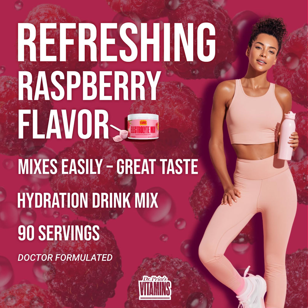 Vegan-formulated Dr. Price's Electrolytes Raspberry supports balanced minerals