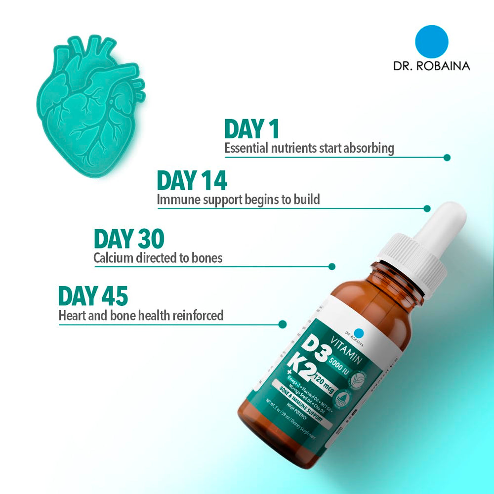 Dr. Robaina D3 + K2 drops in amber bottle.