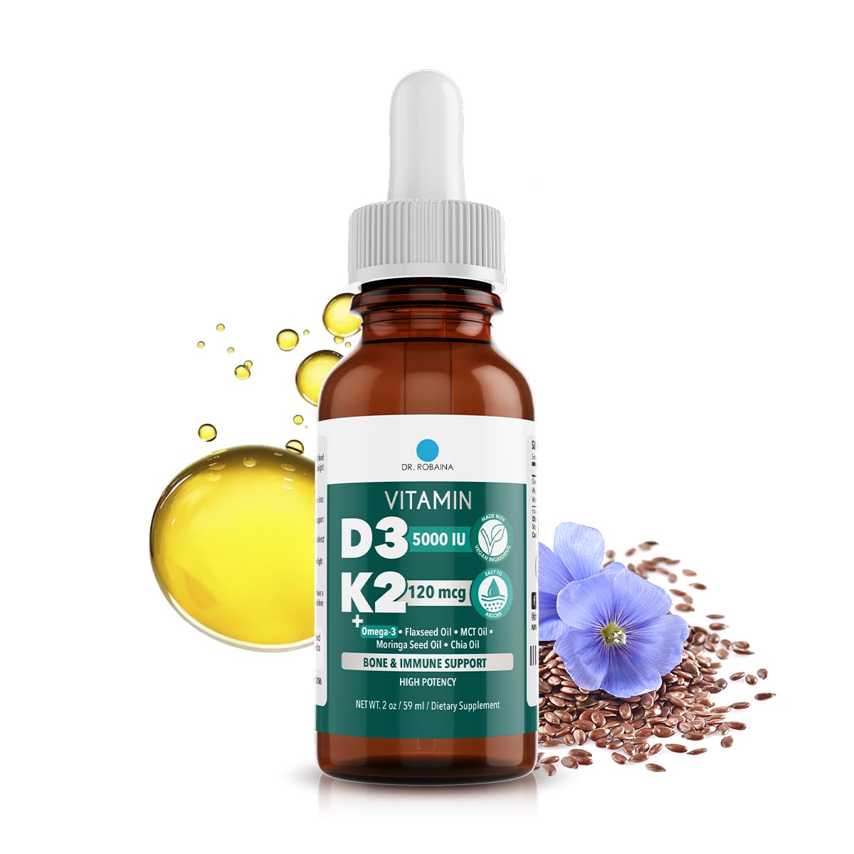 Dr. Robaina D3 + K2 Drops bottle label displaying 5000 IU D3 and 120 mcg MK-7.