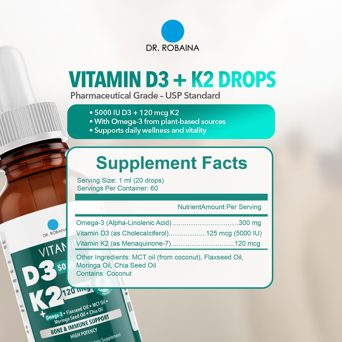 Dr. Robaina D3 + K2 Drops ingredients list highlights vegan, non-GMO components.