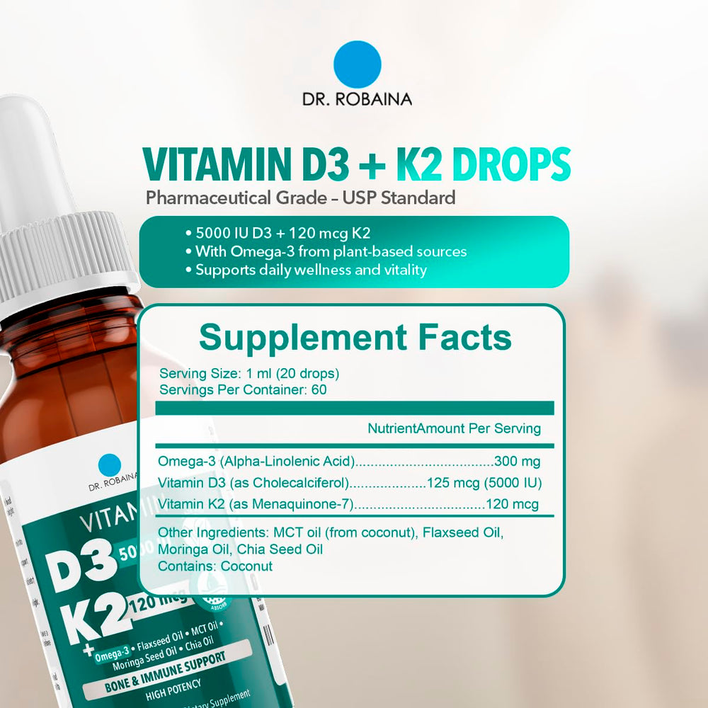 Dr. Robaina D3 + K2 Drops ingredients list highlights vegan, non-GMO components.