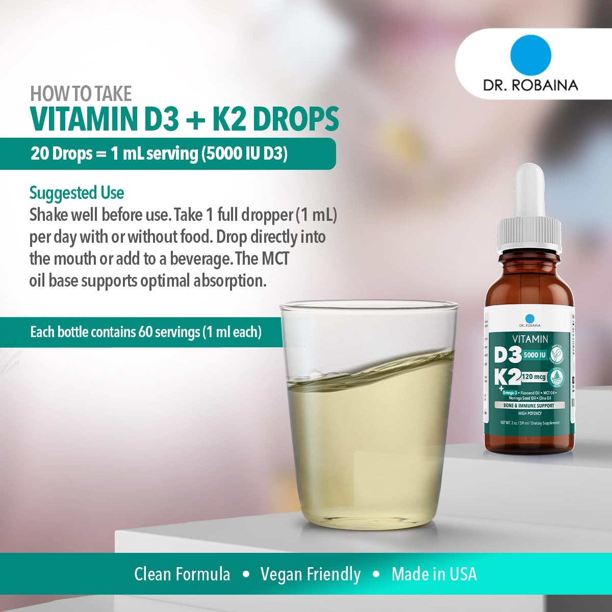 Dr. Robaina D3 + K2 Drops organic MCT oil base supports smooth mixing.