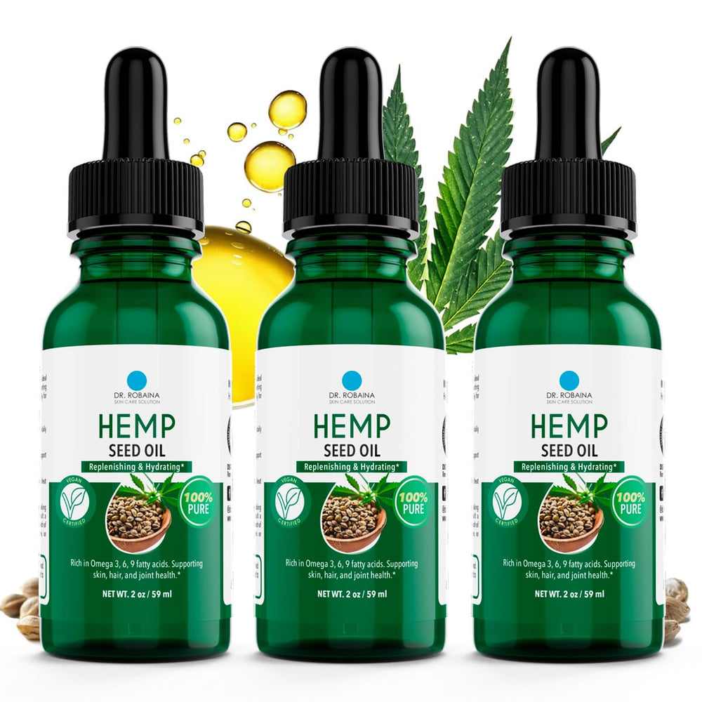 Dr. Robaina Hemp Seed Oil bottle close-up highlighting hydration