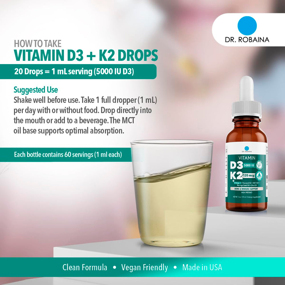 Dr. Robaina label close-up with D3 and K2 potency.