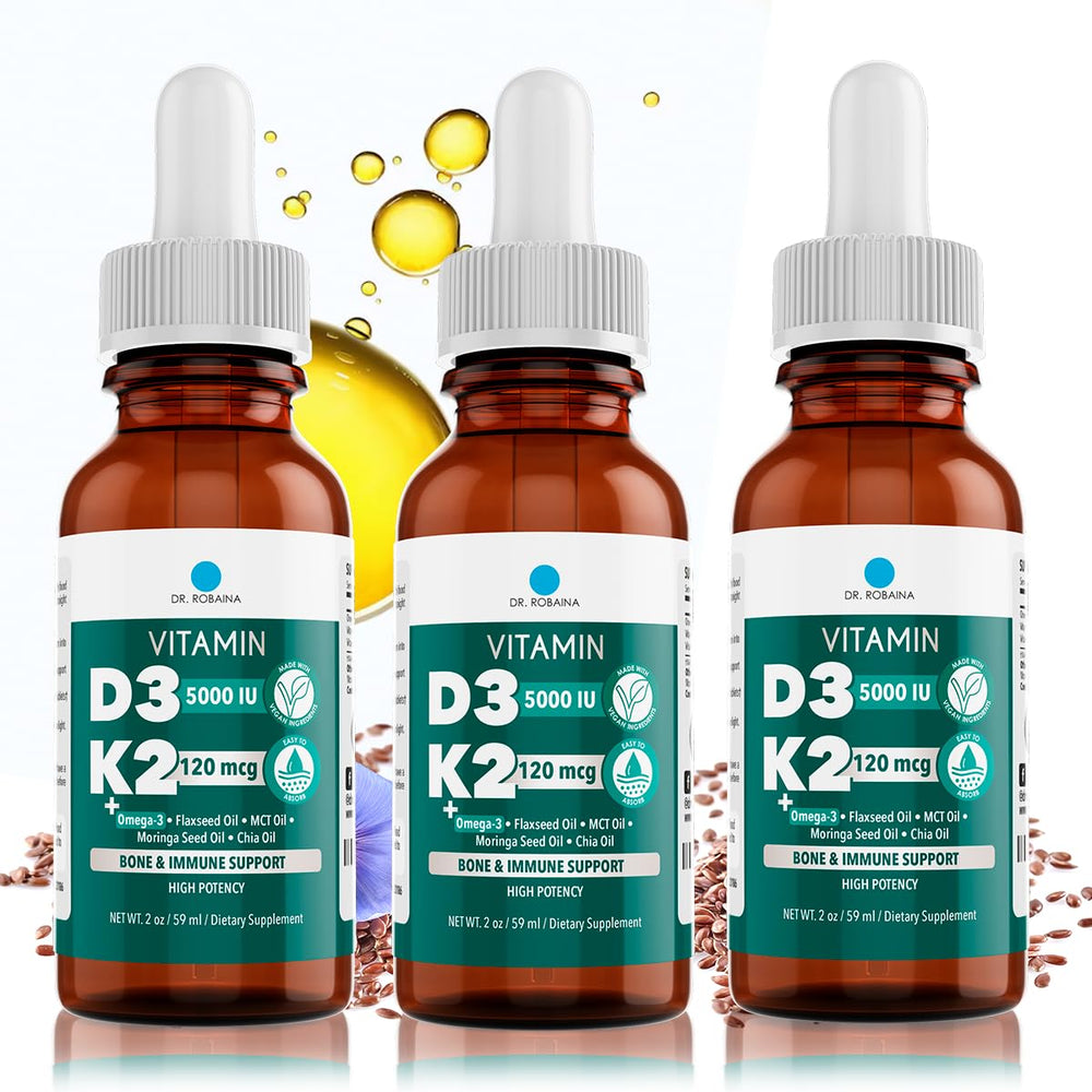 Dr. Robaina Vitamin D3 + K2 Drops bottle shows vegan formula for daily use.