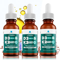 Dr. Robaina Vitamin D3 + K2 Drops bottle shows vegan formula for daily use.