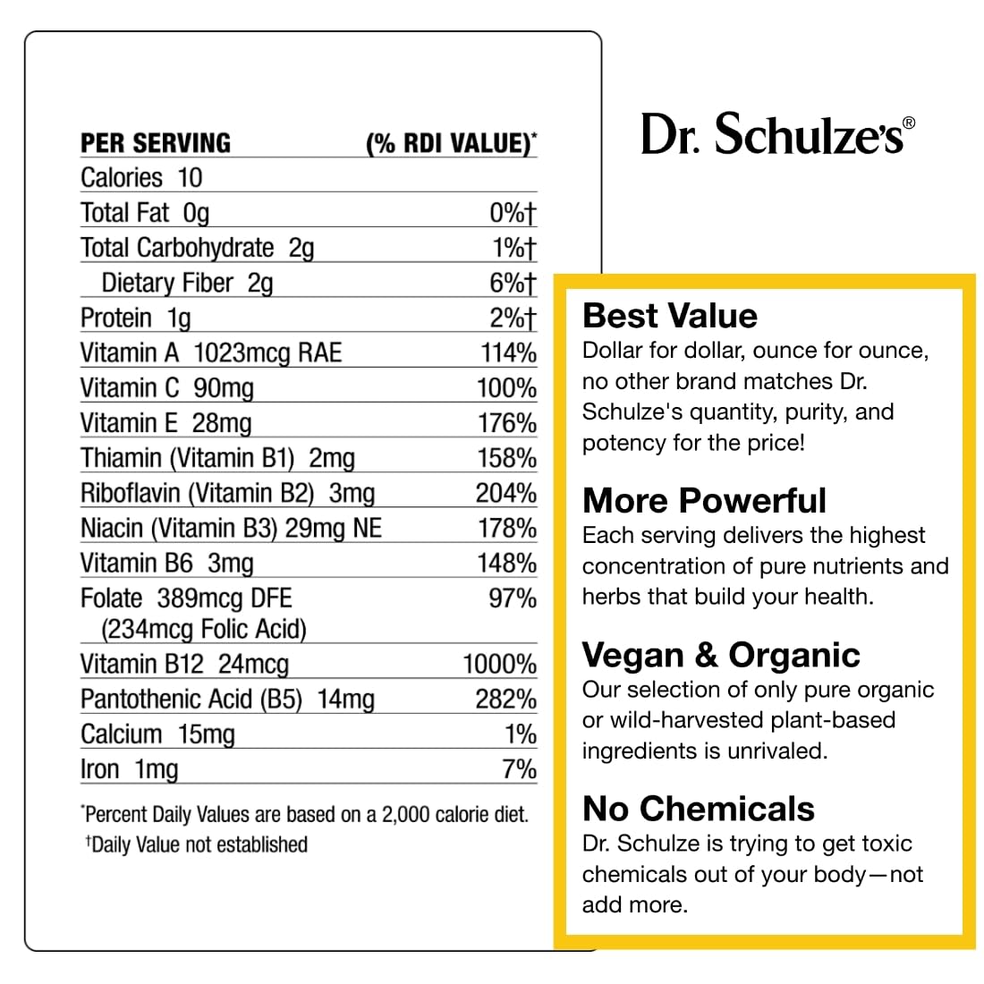 Dr. Schulze's SuperFood 100 shake in glass ready to boost daily nutrition.