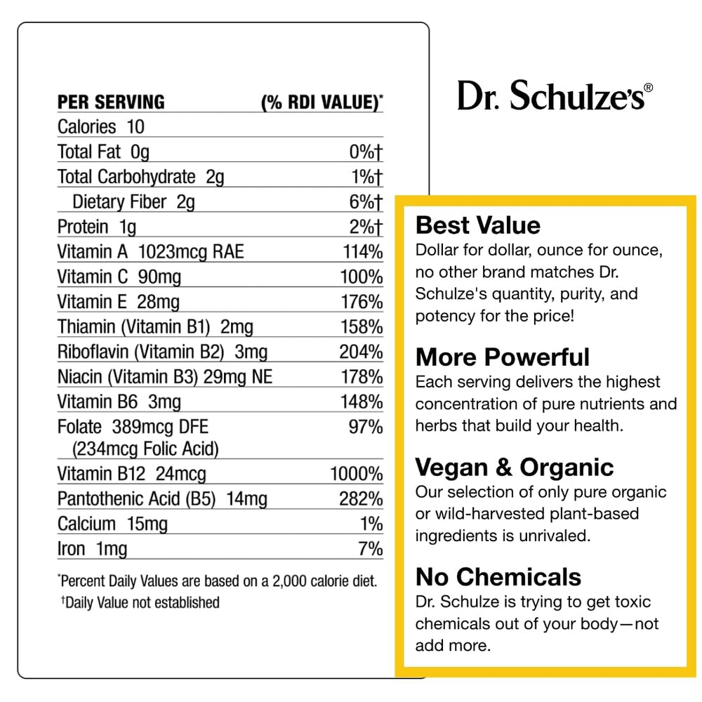 Dr. Schulze's SuperFood 100 shake in glass ready to boost daily nutrition.