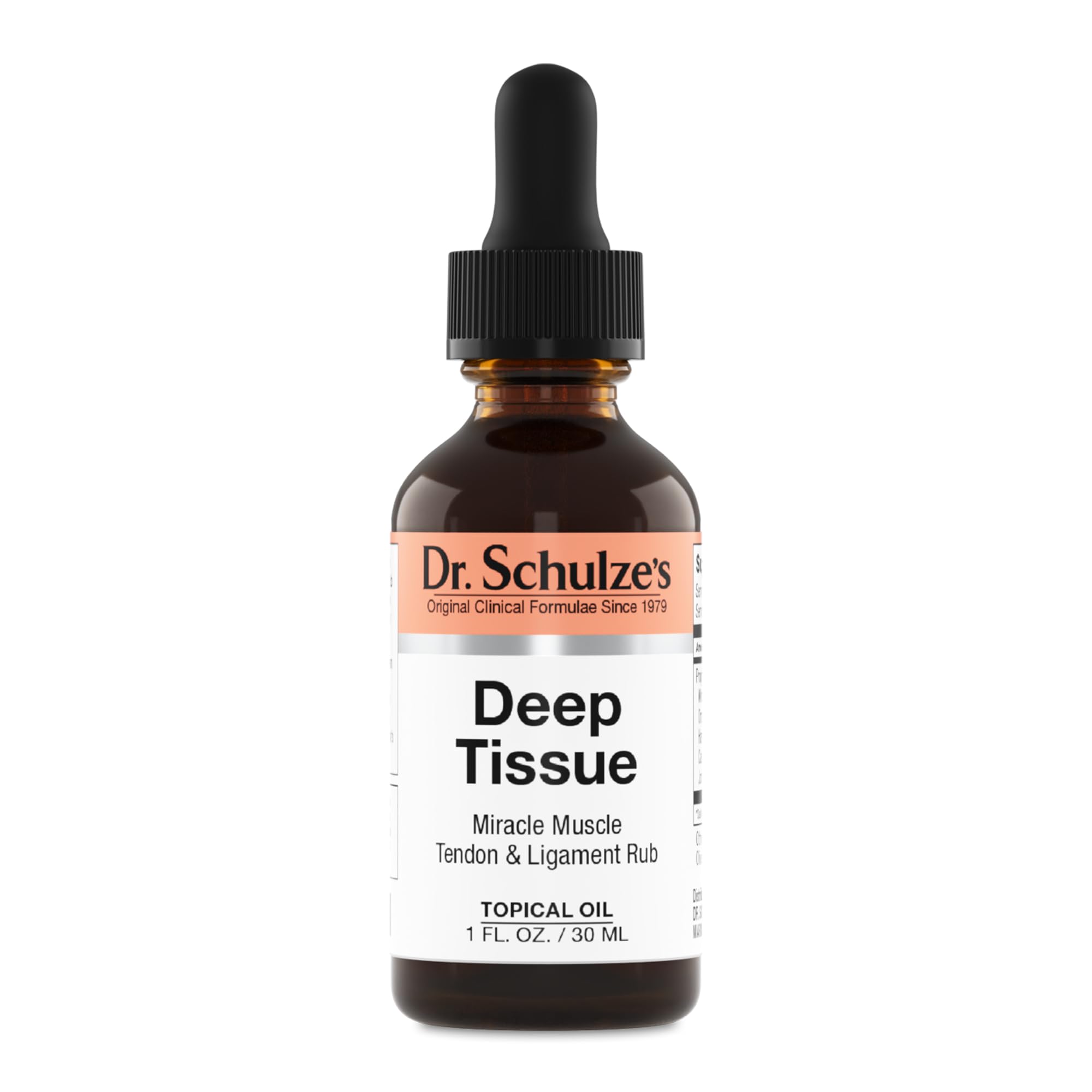 Dr. Schulze's Deep Tissue Oil bottle close-up for soothing sore muscles after activity.
