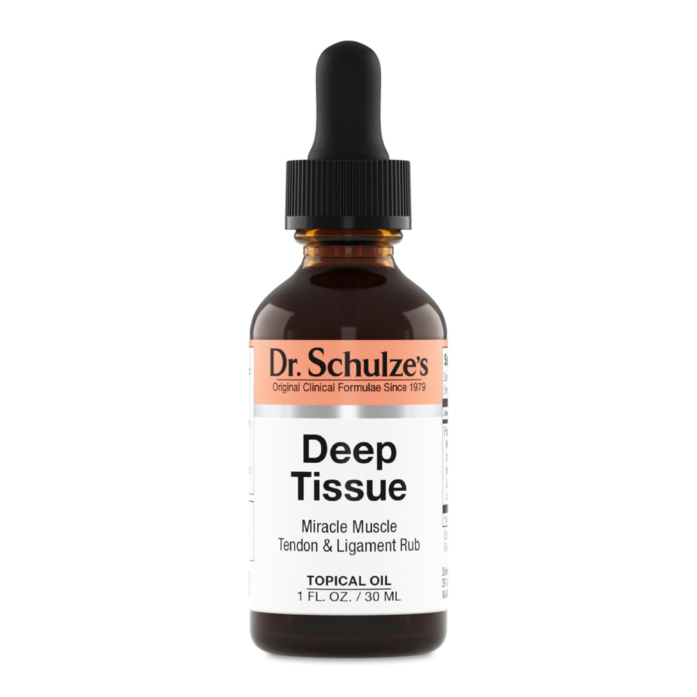 Dr. Schulze's Deep Tissue Oil bottle close-up for soothing sore muscles after activity.