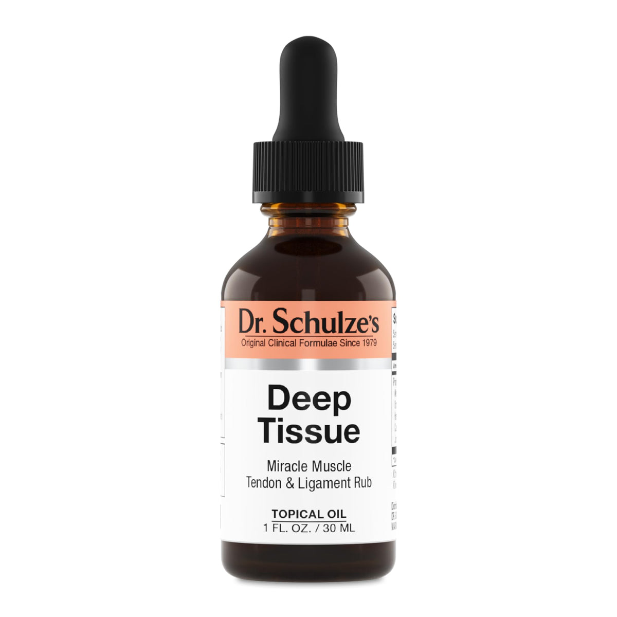 Dr. Schulze's Deep Tissue Oil bottle close-up for soothing sore muscles after activity.