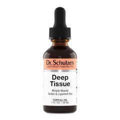 Dr. Schulze's Deep Tissue Oil bottle close-up for soothing sore muscles after activity.