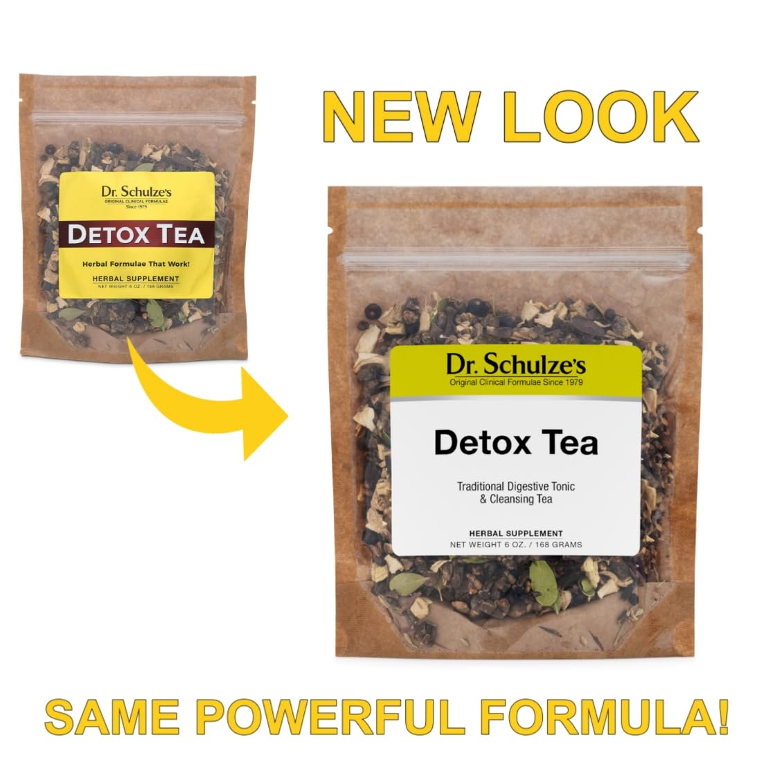 Dried herbs of Dr. Schulze's Detox Tea on display with dandelion and burdock.