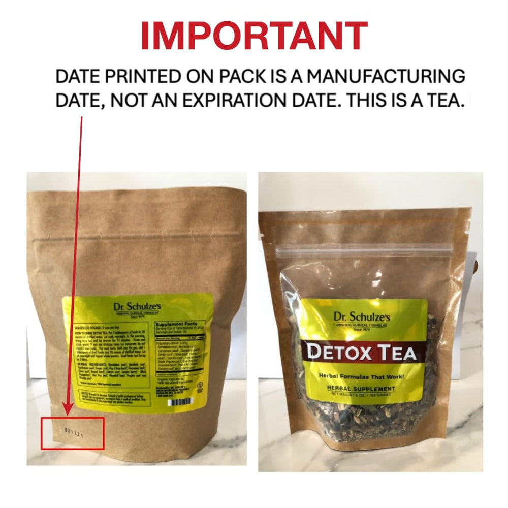 Ingredient closeup shows Dr. Schulze's Detox Tea herbs such as ginger for digestion.