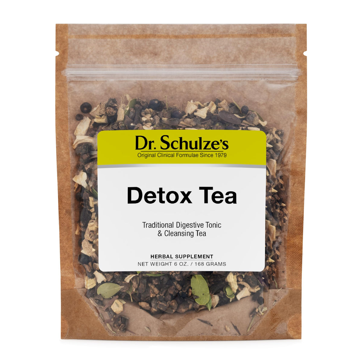 Dr. Schulze's Detox Tea bottle pour highlights the traditional herbal blend.
