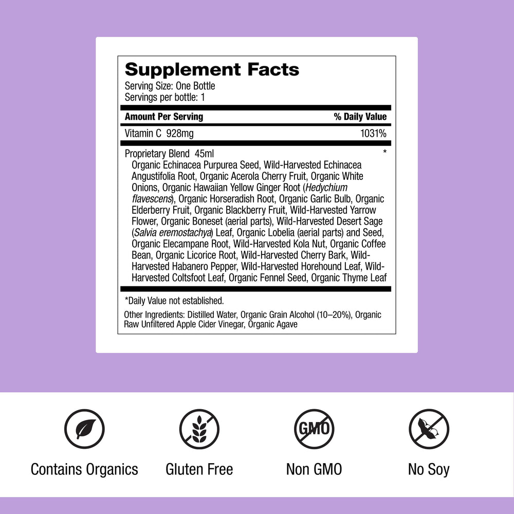Dr. Schulze's Herbal Shot herbal blend showing potent immune herbs.