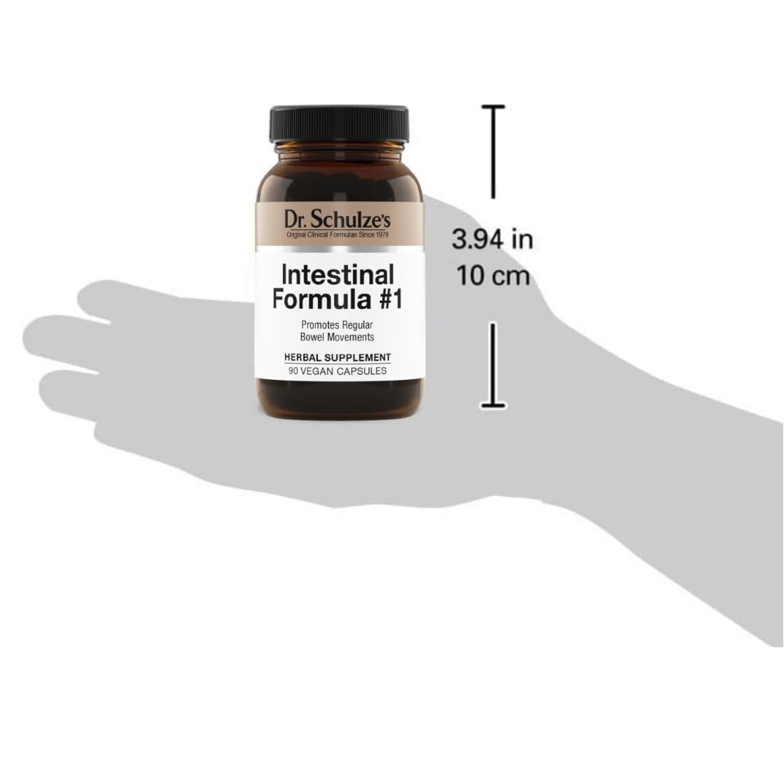 Dr. Schulze's Intestinal Formula 1 capsules in hand for easy daily gut support.