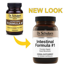 Dr. Schulze's Intestinal Formula 1 label closeup highlighting organic herbal blend.