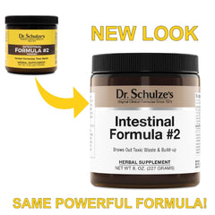 Dr. Schulze's Intestinal Formula #2 bottle label close-up highlighting plant-based ingredients for gentle cleansing
