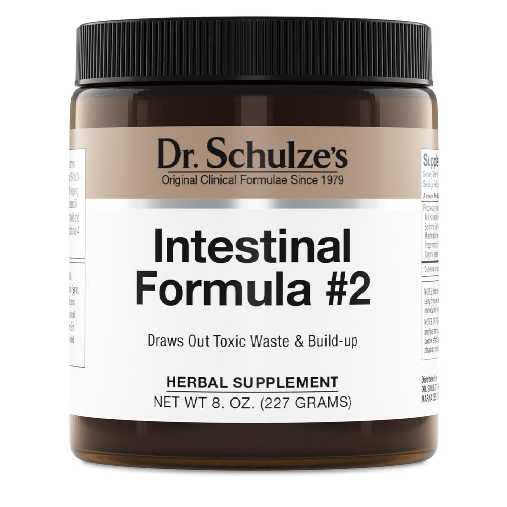 Dr. Schulze's Intestinal Formula #2 bottle with herbal cleanse for daily gut support.
