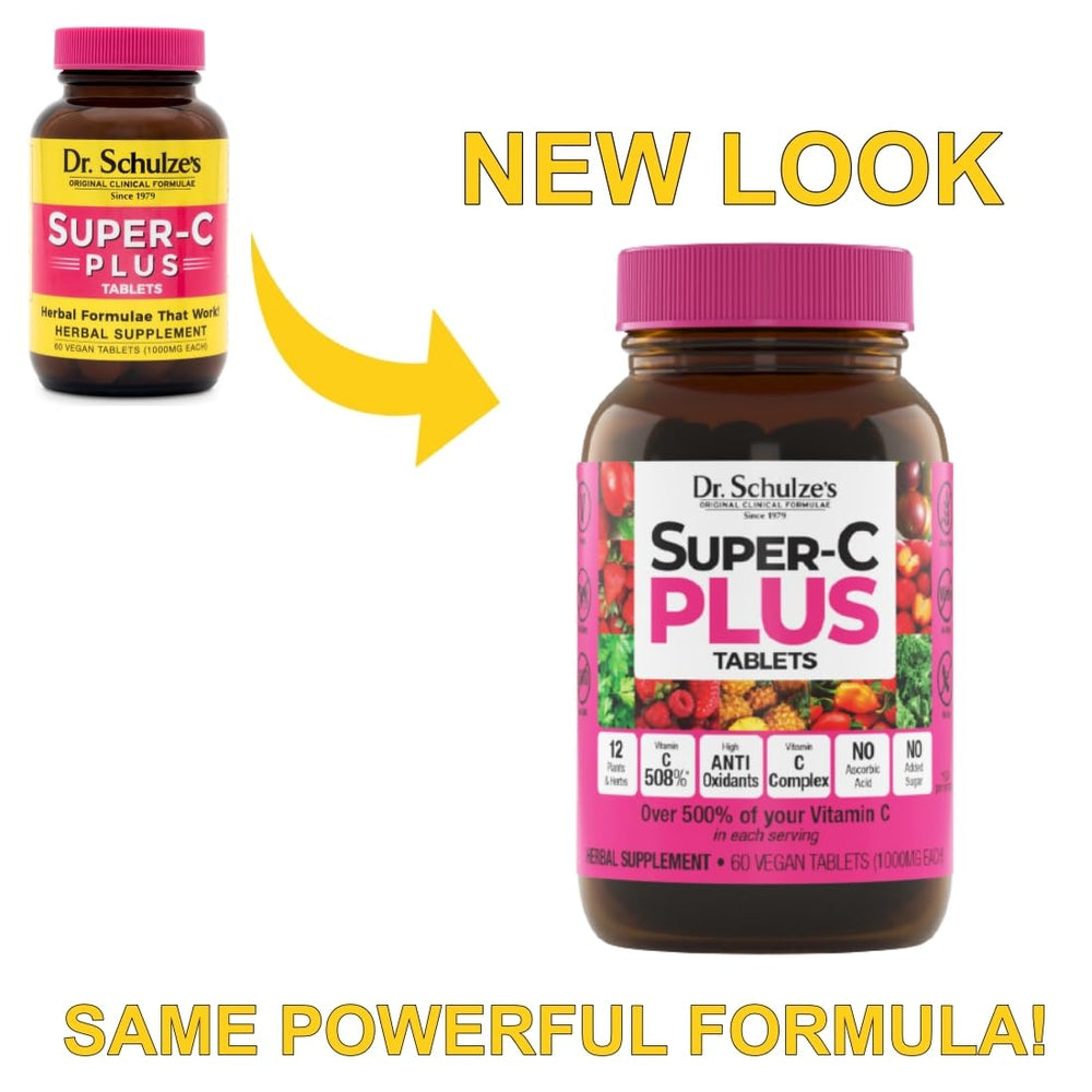 Dr. Schulze's Super-C Plus bottle back with ingredient and usage details.