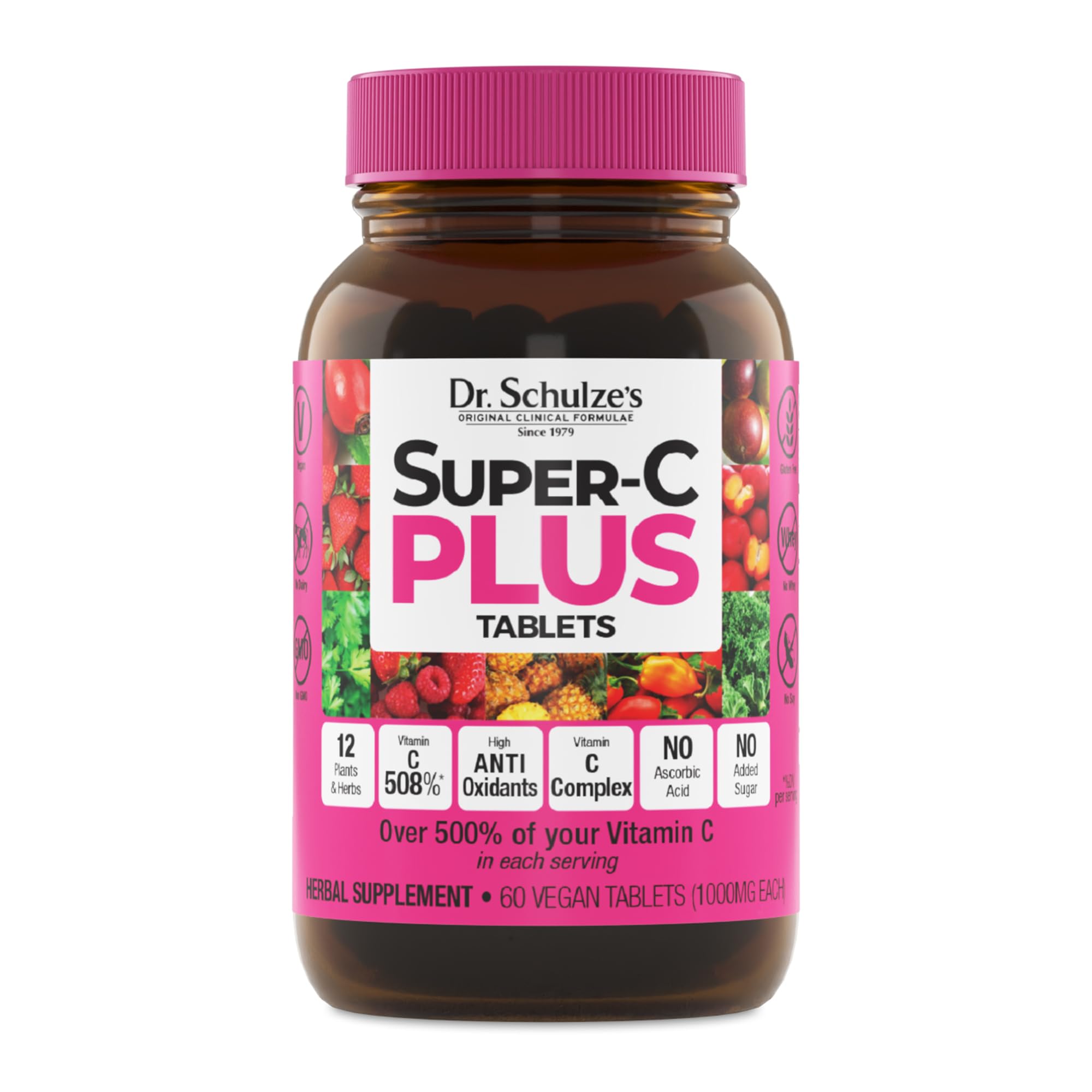 Dr. Schulze's Super-C Plus bottle front shows branding and daily support in the packaging.