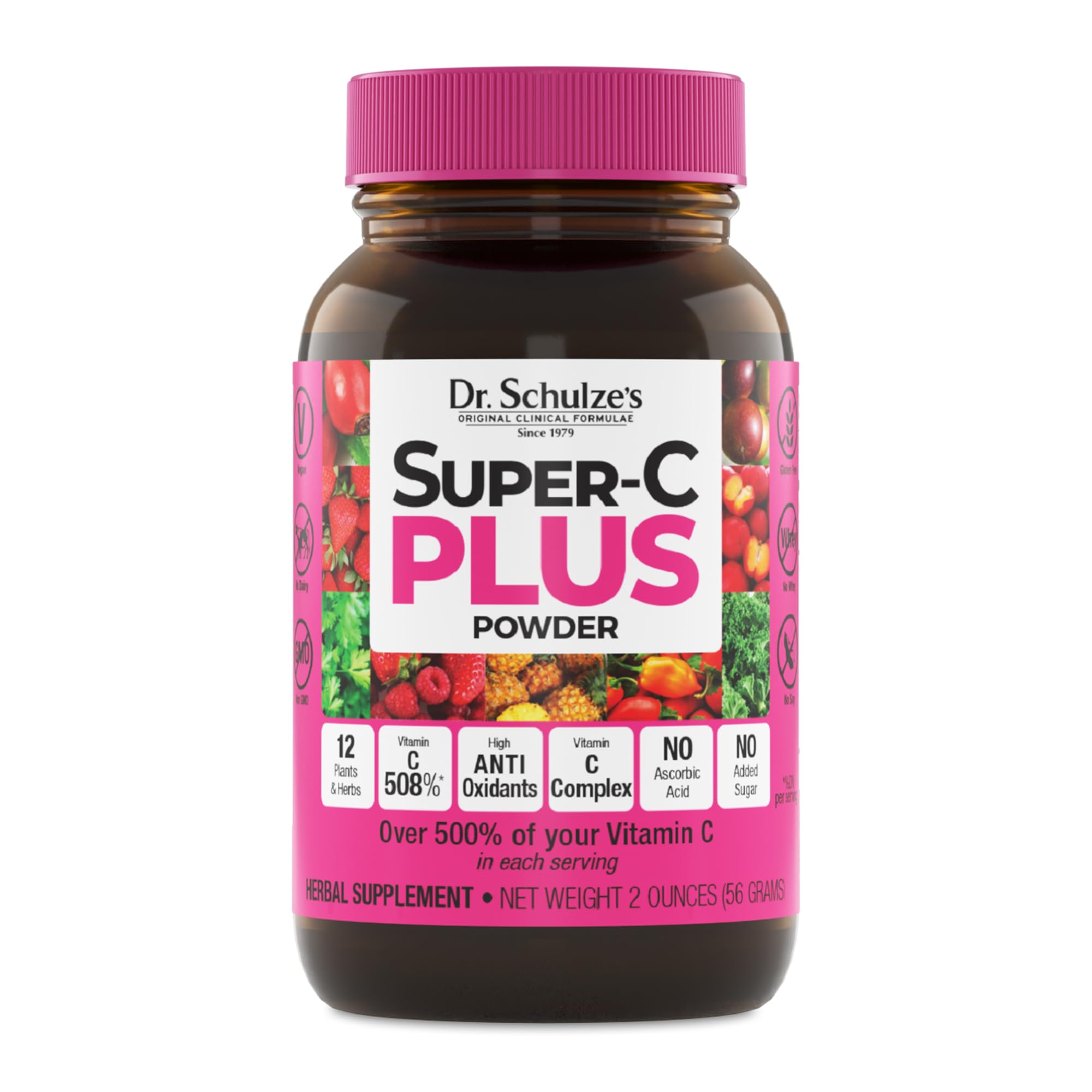 Dr. Schulze's Super-C Plus bottle tilted to show a smooth pour for easy daily dosing and immune support.