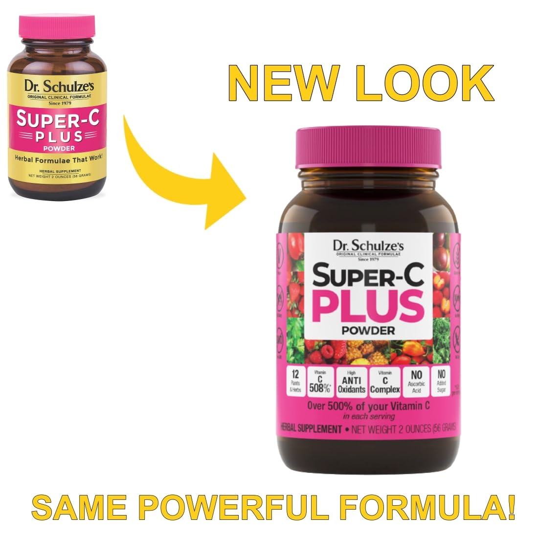 Illustration of Dr. Schulze's Super-C Plus ingredients featuring 12 organic fruits, vegetables, and herbs.