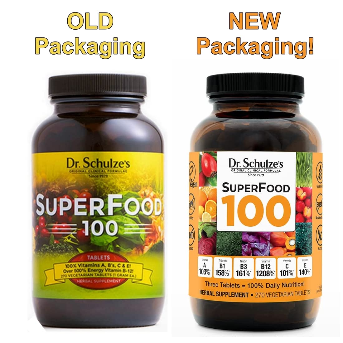 Dr. Schulze's SuperFood 100 bottle back label with ingredients and vegan badge