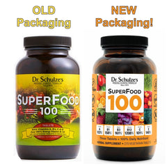 Dr. Schulze's SuperFood 100 bottle back label with ingredients and vegan badge