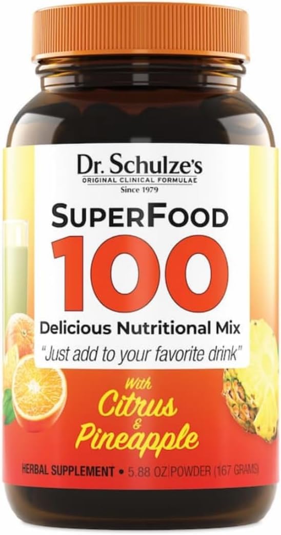 Dr. Schulze's SuperFood 100 bottle close-up highlighting citrus pineapple flavor and clean ingredients.