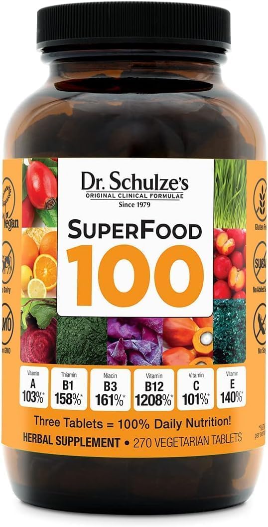 Dr. Schulze's SuperFood 100 bottle front showing plant-based daily nutrition