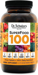 Dr. Schulze's SuperFood 100 bottle front showing plant-based daily nutrition