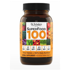 Dr. Schulze's SuperFood 100 bottle front showing vegan nutrition for daily wellness.