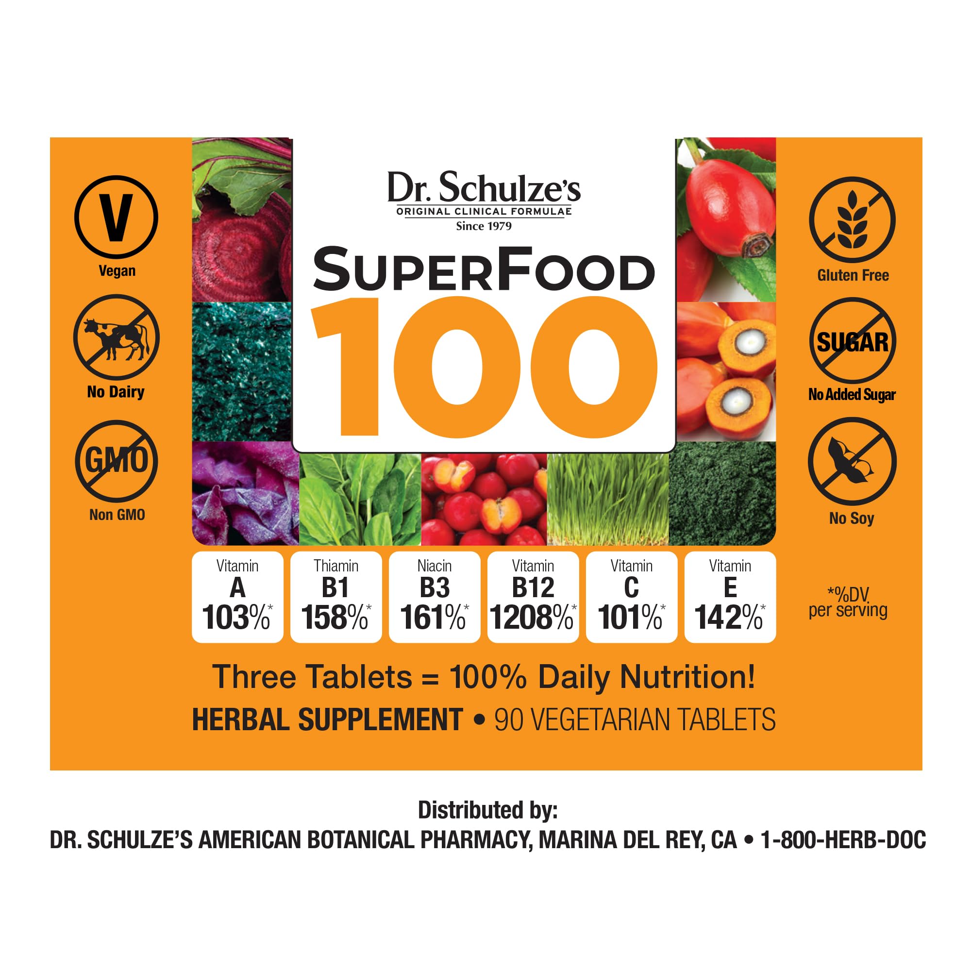 Dr. Schulze's SuperFood 100 bottle pour demonstrating easy daily nutrition use.