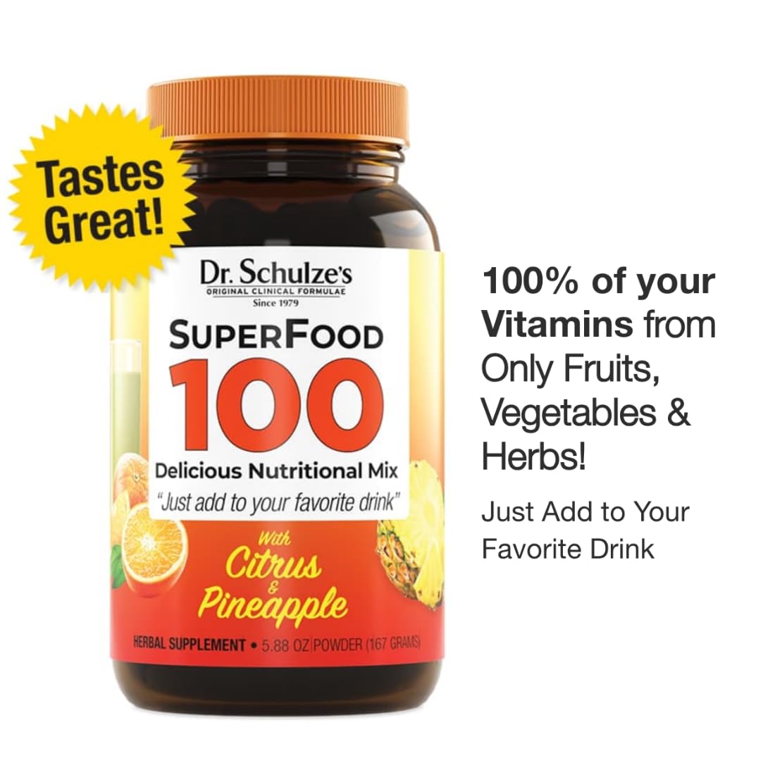 Dr. Schulze's SuperFood 100 dispensing scoop showing convenient daily serving.