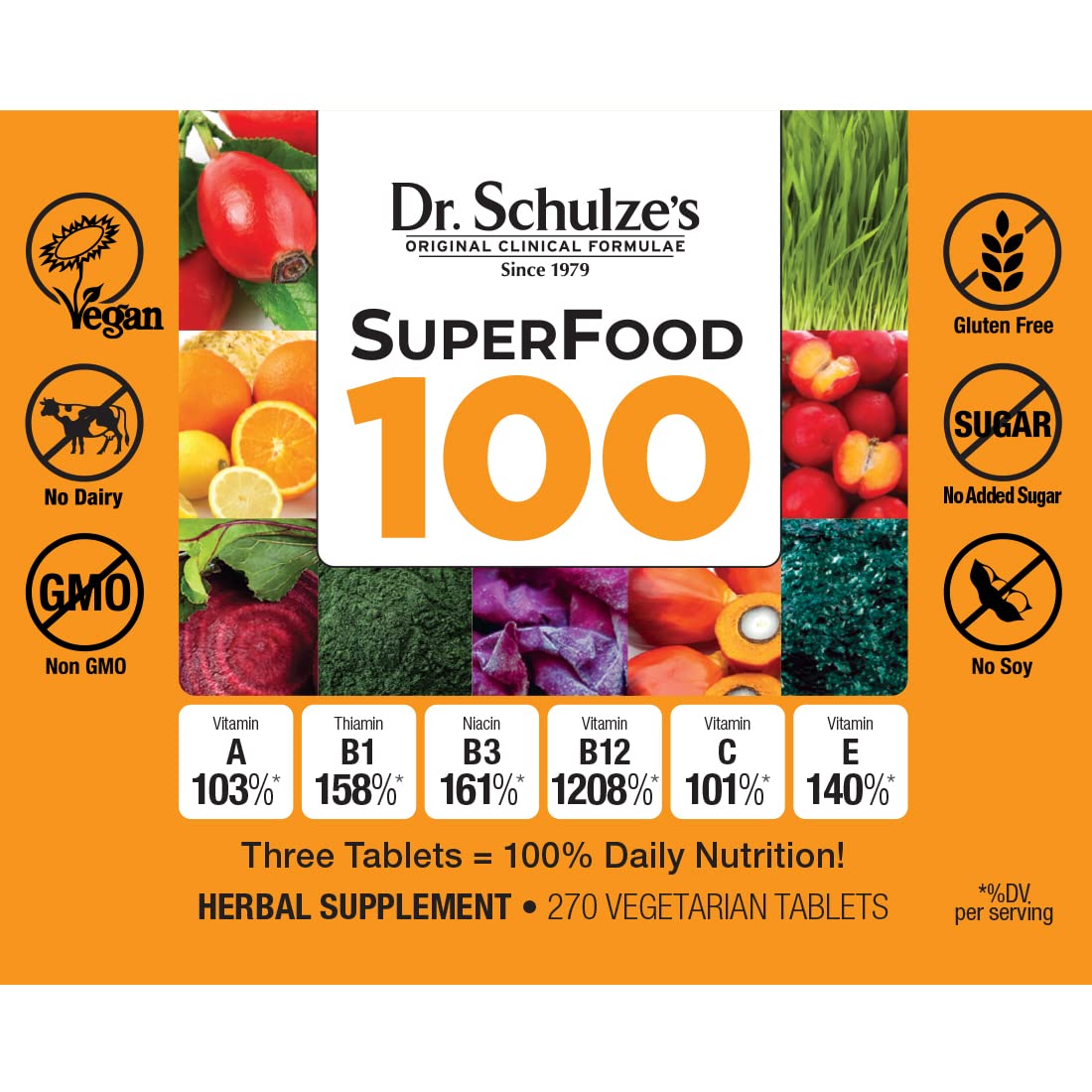 Dr. Schulze's SuperFood 100 scoop beside bottle for easy daily use
