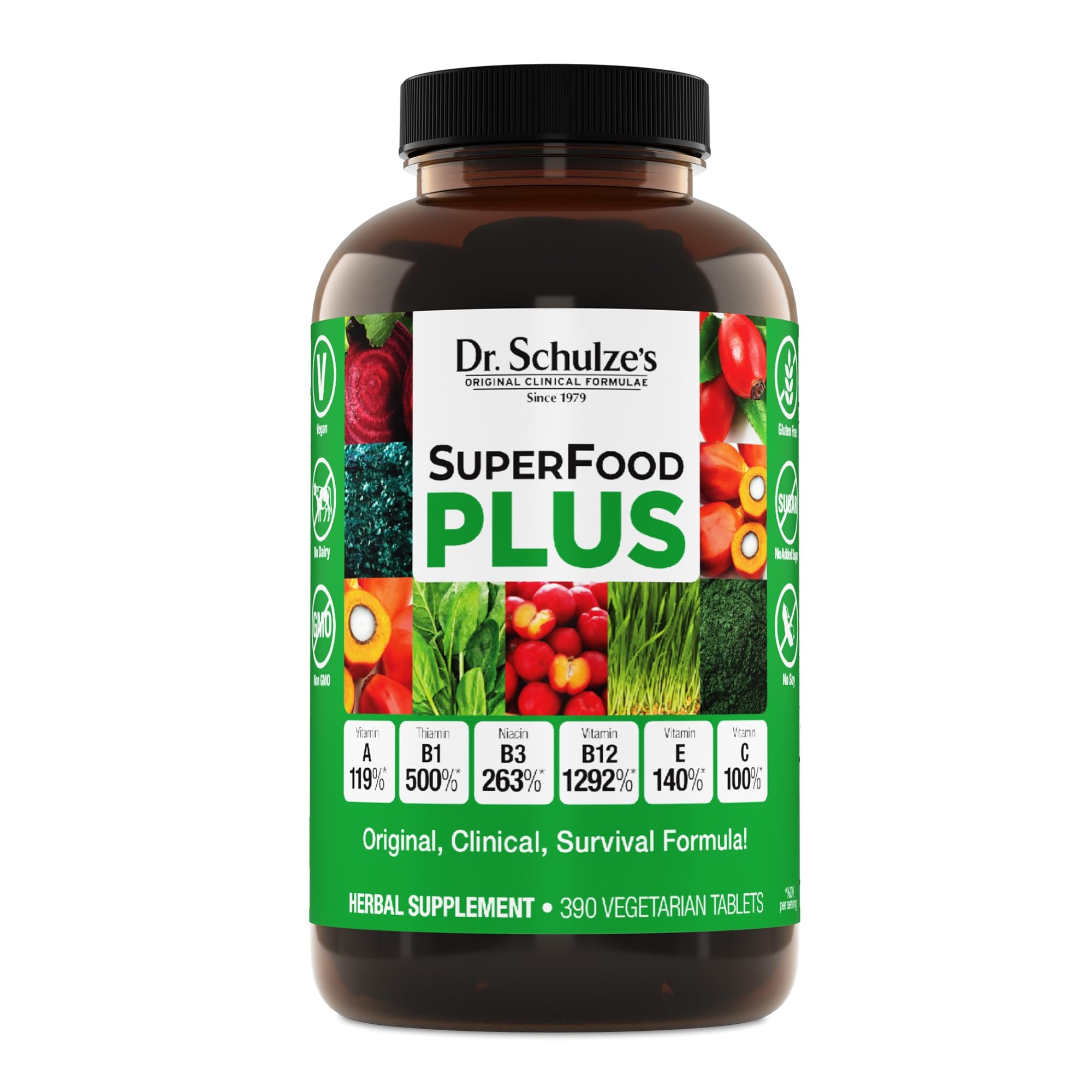 Dr. Schulze's SuperFood Plus bottle front for daily plant-based nutrition