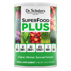Dr. Schulze's SuperFood Plus bottle pouring to support easy daily nutrition