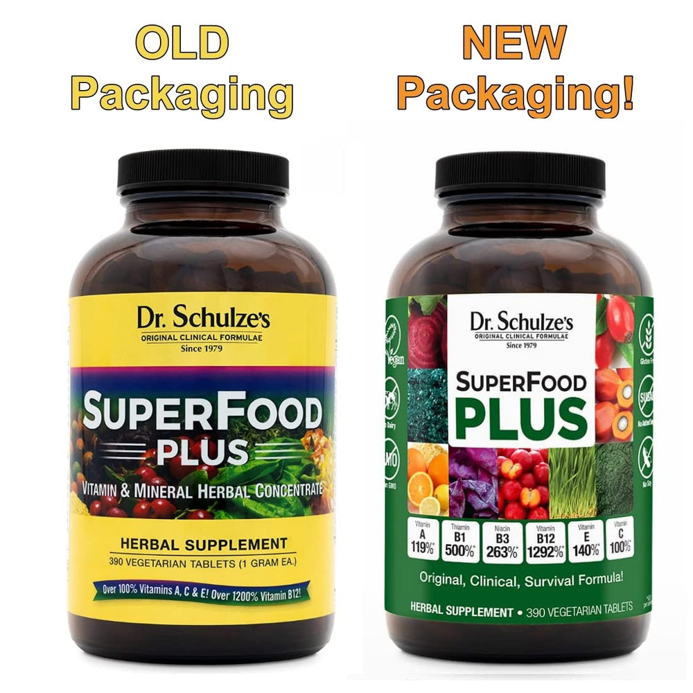 Dr. Schulze's SuperFood Plus label detail highlights vegan, gluten-free formula