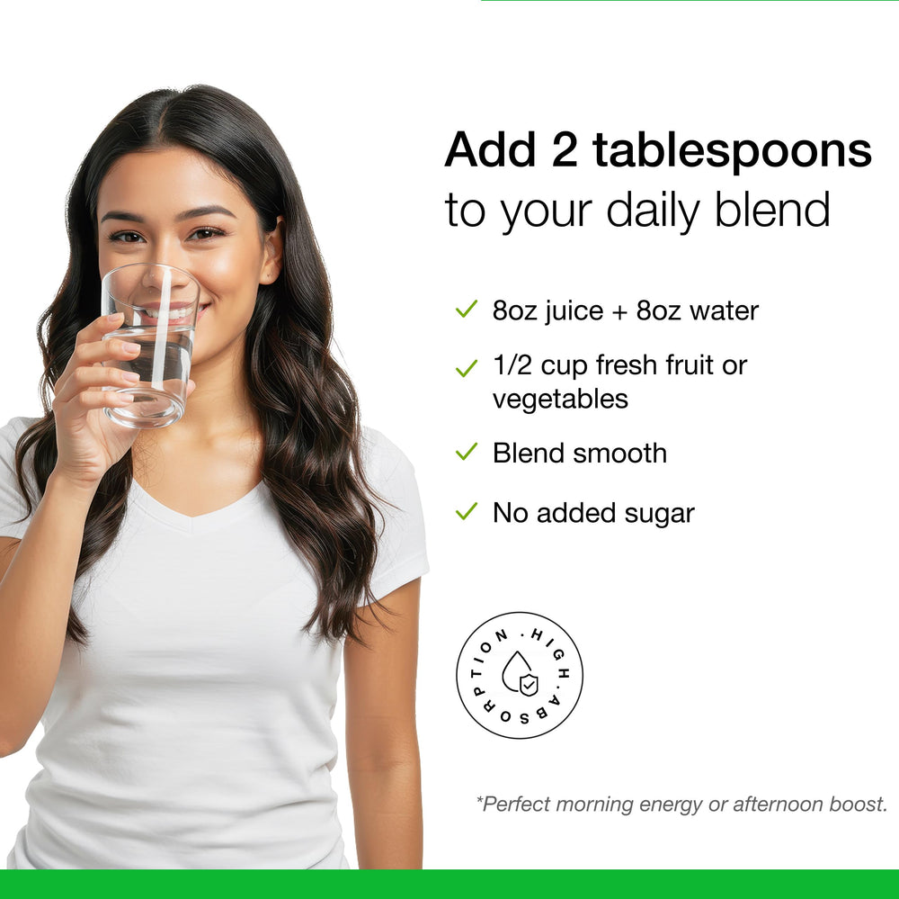 Dr. Schulze's SuperFood Plus measuring scoop with powder for simple daily supplement.