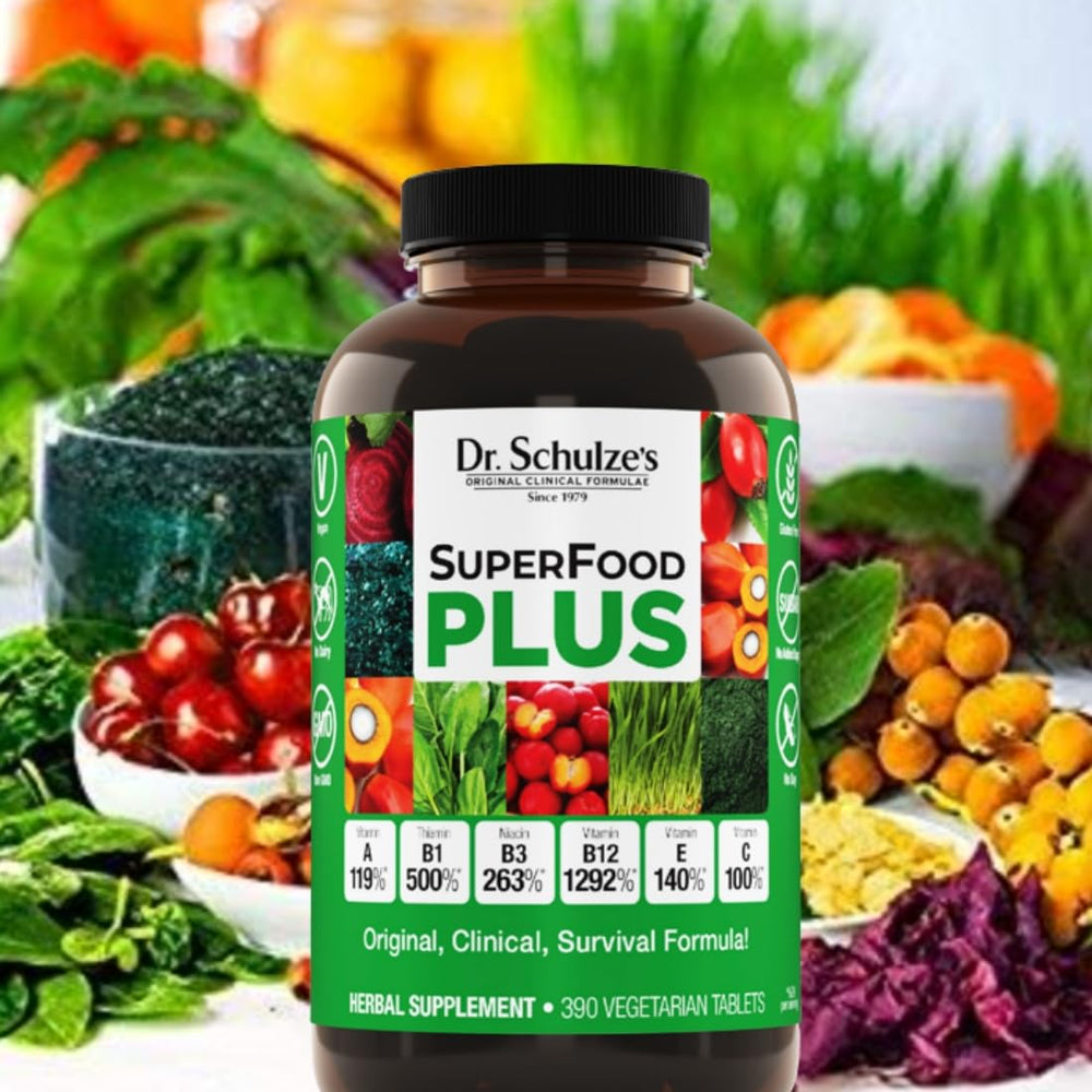 Serving scoop with Dr. Schulze's SuperFood Plus capsules ready