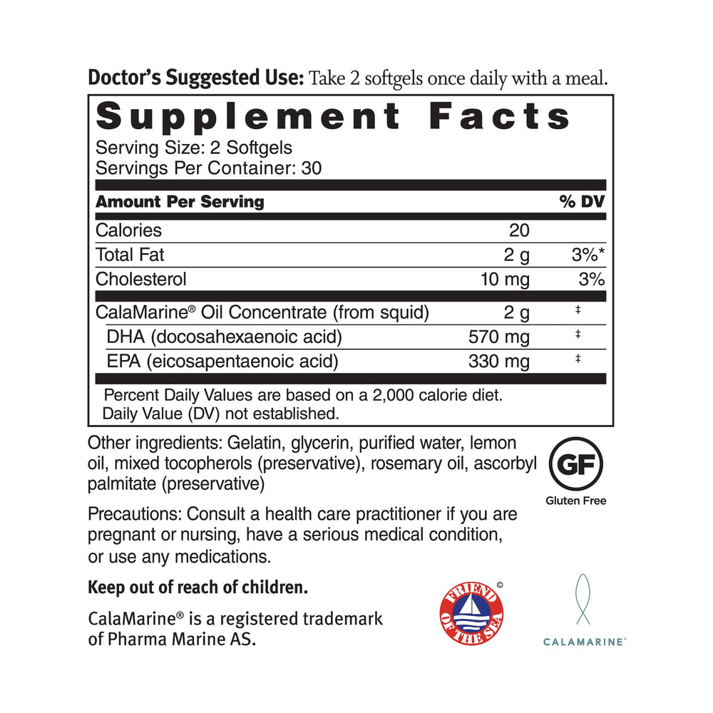 Dr. Sinatra CalaMarine bottle back label shows DHA/EPA details for heart health.