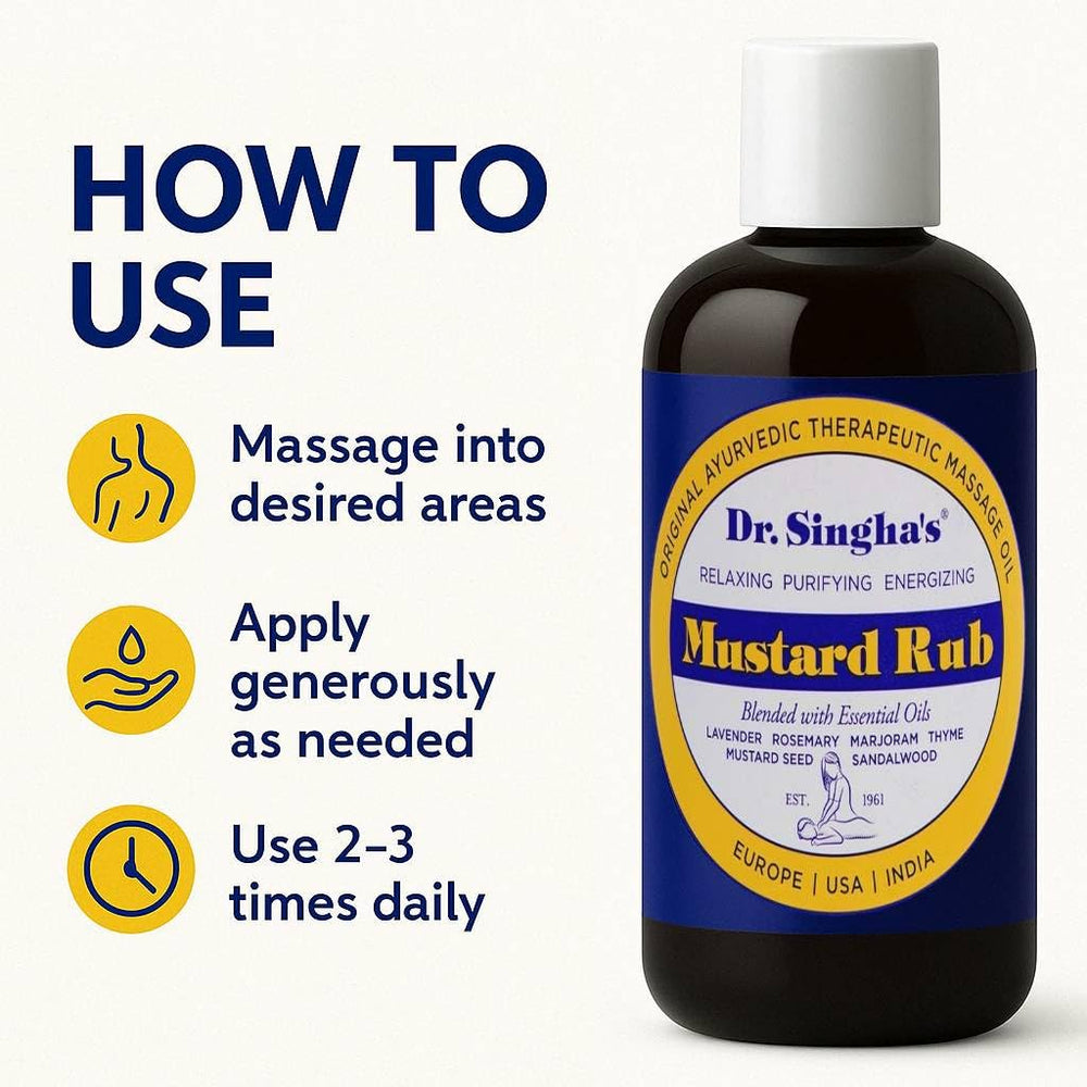 Dr. Singha's Mustard Rub 6oz bottle ready for daily rituals